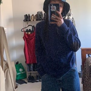 Blue pullover with brown elbow detailing